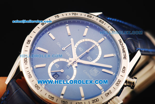 Tag Heuer Carrera Chronograph Miyota Quartz Movement Steel Case with Blue Dial and Blue Leather Strap - Click Image to Close